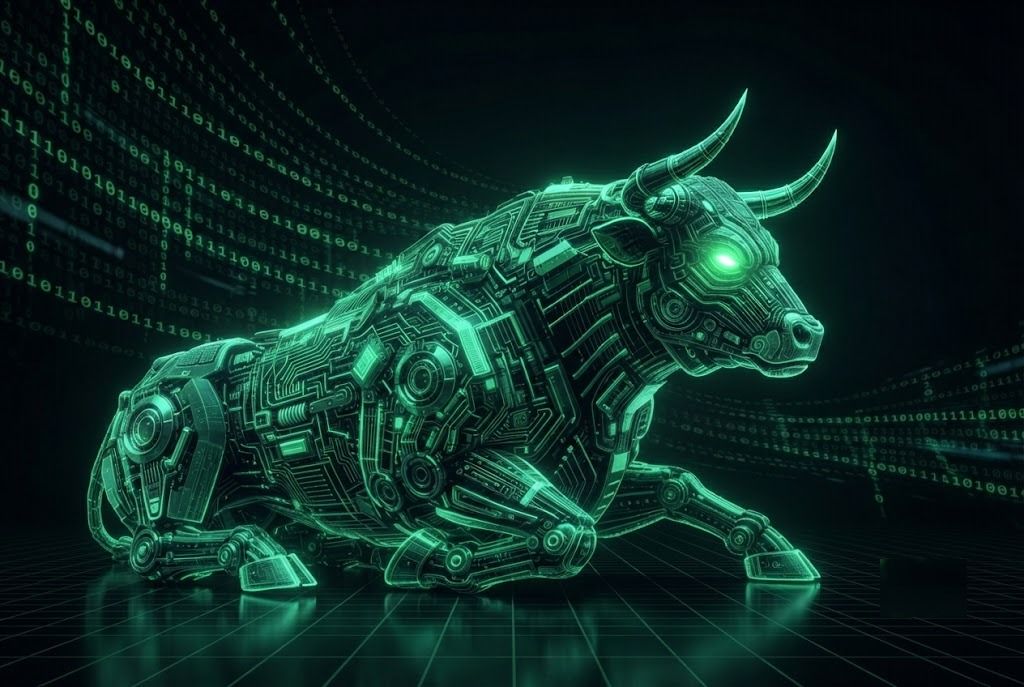 A charging robotic bull built from green neon circuit patterns with a glowing eye